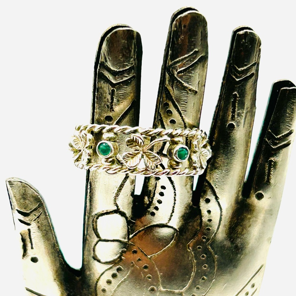 Vintage Green Agate Lucky Irish Shamrock 925 Sterling Silver Ring size 8.5 - Picture 10 of 12